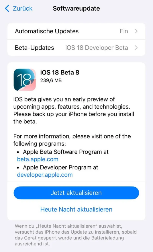 措勤苹果手机维修分享苹果 iOS / iPadOS 18 开发者预览版 Beta 8 发布 